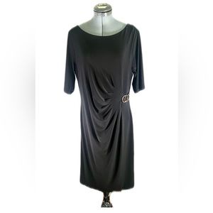 JH Women Short Sleeve Midi Dress Black with Gold Accent Side Clip Size 12